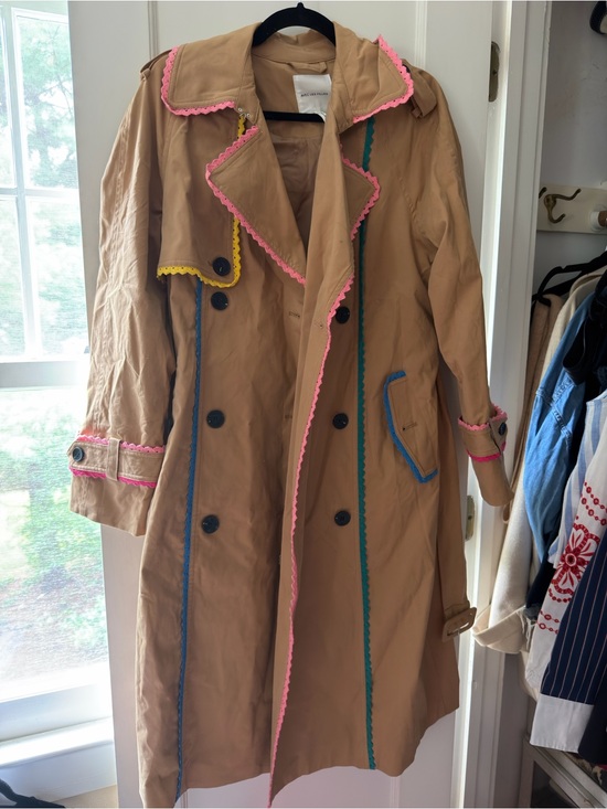 Avec Les Filles Jackets & Blazers - Avec Les Filles Tan Trench Coat with Pink Trim and Blue/Green Accents